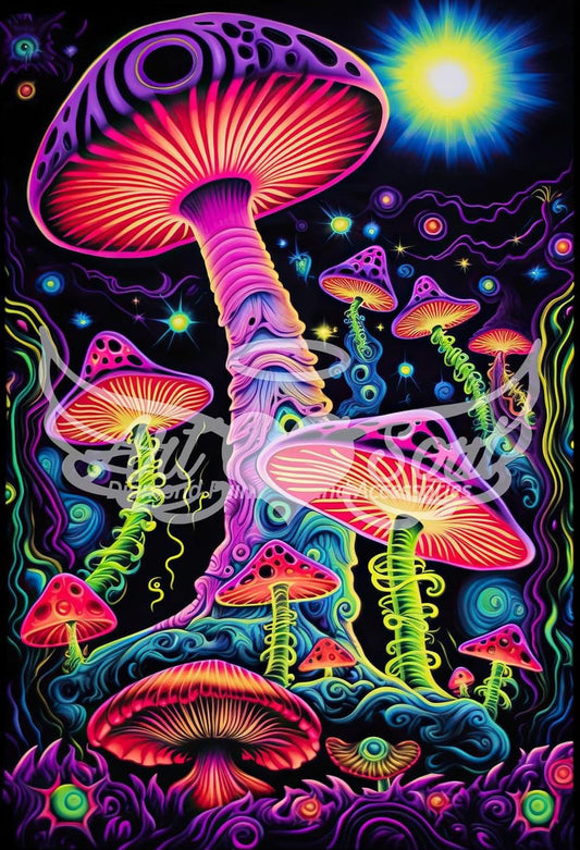 Neon Mushrooms Glowing by Wumples
