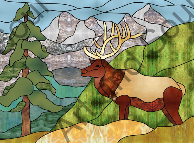 Elk in Mountains Stained Glass by Copper Capricorn Glass