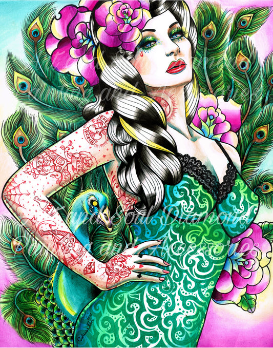Peacock Pin-up by Carissa Rose Art
